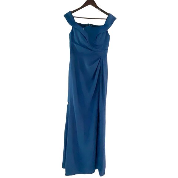 After Six SZ 4 Off-the-Shoulder Pleated Faux Wrap Maxi Dress Atlantic Blue - Picture 4 of 9